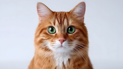 Obraz premium Close-up portrait of a fluffy, friendly orange tabby cat with striking green eyes and a curious, playful expression