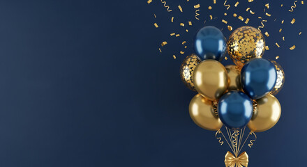 Gold and blue balloons bunch with confetti on dark blue background, tied with gold ribbon, free space for text, celebratory festive concept