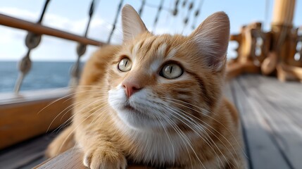 A domestic orange tabby cat sitting alert and at ease on a cozy, wooden porch with a peaceful outdoor landscape in the background