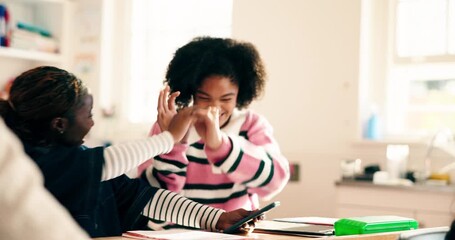 Happy, friends and students in class with phone for social media, online results and report. Teenagers, excited and girls on smartphone, website and mobile app for education, high school and learning - Powered by Adobe