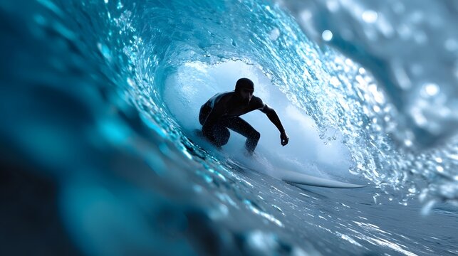 A silhouetted surfer expertly navigating a towering, powerful ocean wave. - Powered by Adobe