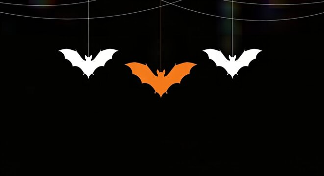 Minimalist Halloween bat trio on black background, orange and white silhouette, abstract digital art, wallpaper