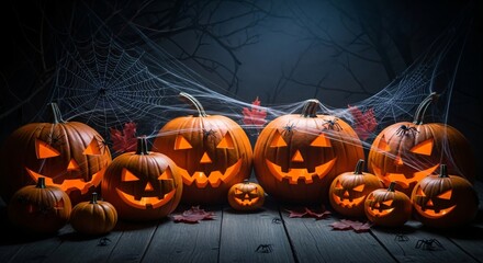 Halloween pumpkins with glowing faces, spiders and webs, autumn party on wood table, creepy dark background, horizontal banner