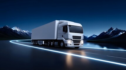 A large white commercial cargo truck driving swiftly along a snowy mountain highway, with the snow-capped peaks of a remote winter landscape in the background.