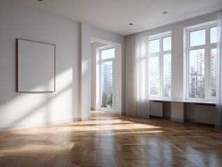 Obraz premium A large empty room with a white wall and wooden floors