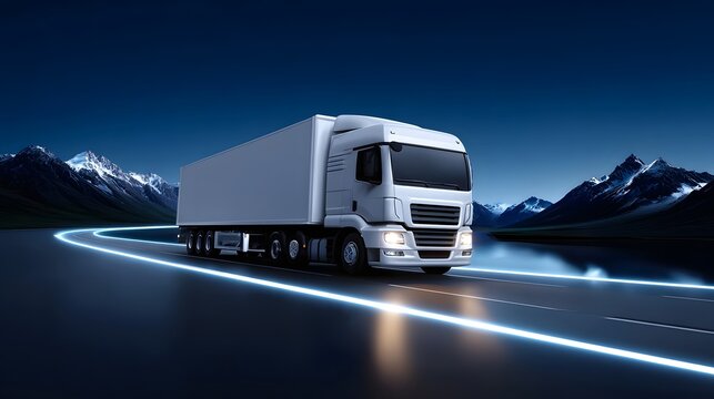 A large white commercial cargo truck driving swiftly along a snowy mountain highway, with the snow-capped peaks of a remote winter landscape in the background. - Powered by Adobe