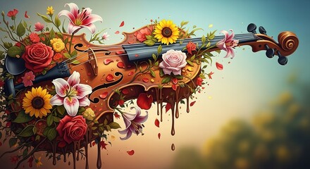 Mellifluous Bloom: A Violin Adorned with Roses, Lilies, and Sunf