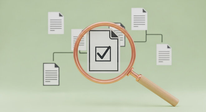 Document Examination Magnifying Glass Reveals Checkmark on Compliance Forms Audit Verification Approval and File