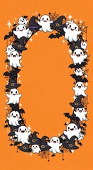 Vertical Halloween border with cute ghosts, bats, witch hats, spiders, webs on orange background, cartoon template, copy space