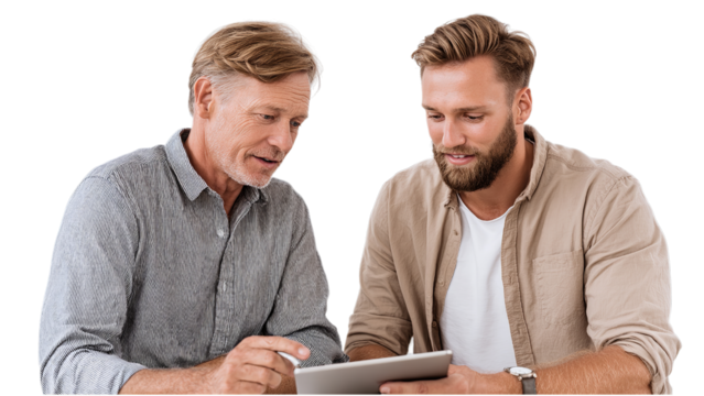 A senior Caucasian man and a young Caucasian man collaborating over a tablet sharing ideas and insights in a friendly atmosphere on a transparent background