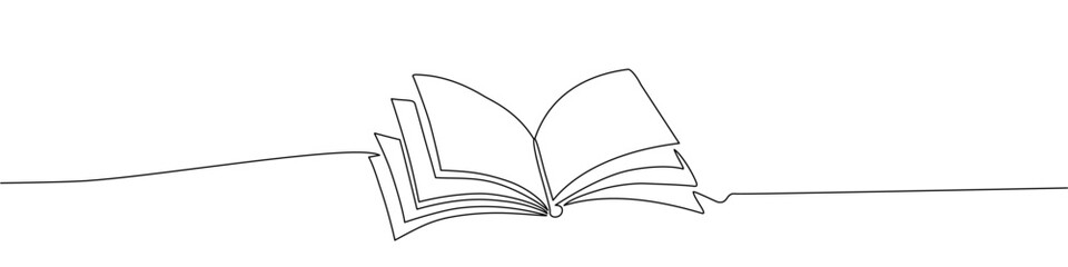 Continuous line vector of an open book with pages turning, symbolizing knowledge, education, reading, literature, study, learning, creativity, imagination, wisdom, and intellectual growth.