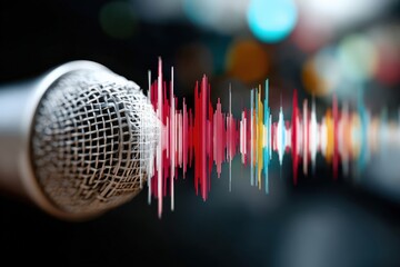 AI transcribes voice data with microphone and soundwave visualization