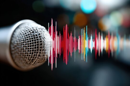 AI transcribes voice data with microphone and soundwave visualization
