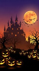 Spooky haunted castle with glowing jack-o’-lanterns, full moon and bats, fiery orange-purple Halloween night, party poster