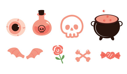 Halloween icon signs with eye ball, posion, skull,  cauldron, bat wings, rose, bone and candy isolated on white background vector.