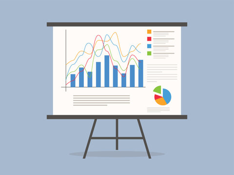 Graphs on the whiteboard. Statistics data analysis business, stand flip chart