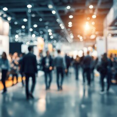 Blurred view of a large convention hall filled with attendees