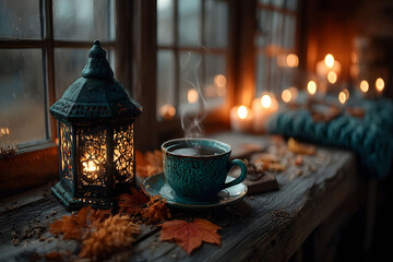 Fototapeta premium Cozy Autumn Evening with Lantern and Steaming Cup by Candlelight for Relaxation and Warmth
