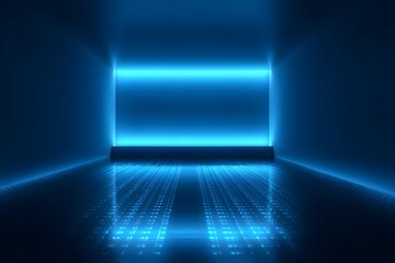 Obraz premium Abstract blue background with LED lights, empty room with wooden floor and wall of LED lights.