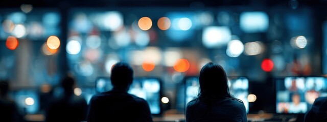 Security personnel monitoring multiple screens, blurred background
