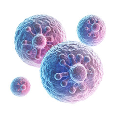 Microscopic view of virus cells with pink and blue hues floating against a representing medical research and scientific visualization on transparent background