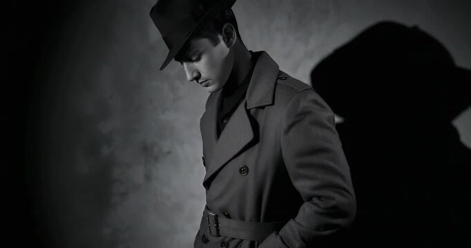 Stepping male model wearing fedora hat entering studio, holding pensive pose for fashion editorial