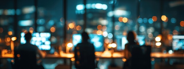 Night office scene, blurred figures at work
