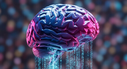 Shiny pink-blue brain model with digital data stream, symbolizes intelligence, technology, artificial intelligence, neural networks,  data processing,  future concept