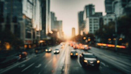 Blurred city street at sunset