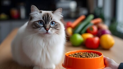 A fluffy, domestic cat sitting on a kitchen table, curiously observing a bowl of pet food and an array of colorful, healthy vegetables.