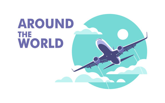Airplane gaining altitude between clouds. Travel and vacation time. Vector illustration in a minimalistic style.