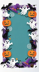 Halloween border with pumpkins, ghosts, bats, witch hats, stars and teal center, playful orange-purple palette, party invitation