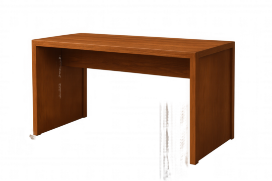 Minimalist wooden desk with clean lines, sitting on transparent backdrop, ideal for workspace design and professional environments
