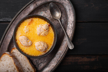 Soup with meatballs, potatoes and cheese. Meatballs in thick vegetable soup Albondigas. Mexican and Spanish, European and Russian cuisine. Top view