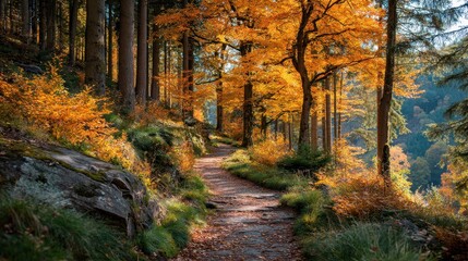 Fototapeta premium Scenic autumn forest path covered in golden leaves with warm sunlight streaming through tall trees peaceful seasonal landscape evoking relaxation and nature retreat