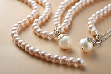 The modern romantic pearl jewelry includes unique pedants on beige background Minimalism concept