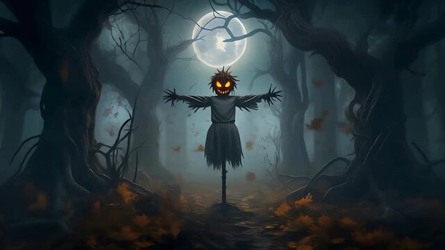 Foggy forest with crooked trees under moonlight, creepy scarecrow with glowing eyes standing in the middle, halloween theme