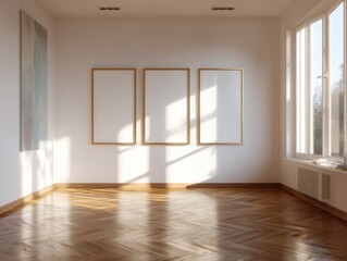 A room with three empty picture frames on the wall