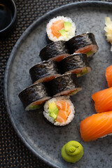 sushi and sashimi on plate.