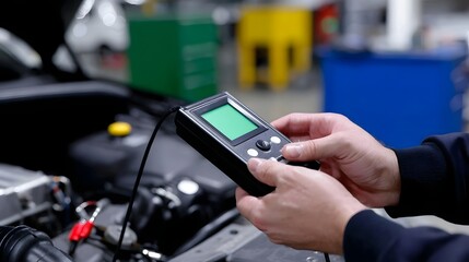 An automotive mechanic is using a handheld electronic diagnostic device to analyze and troubleshoot a vehicle's engine and systems in a workshop or garage setting.