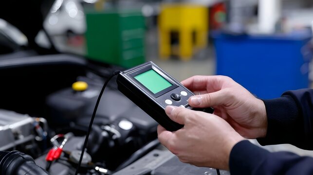 An automotive mechanic is using a handheld electronic diagnostic device to analyze and troubleshoot a vehicle's engine and systems in a workshop or garage setting.