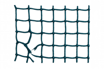 Up-close view of a worn-out blue rope net, highlighting the frayed fibers and overall worn appearance, set against a clear background