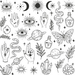 Mystical Celestial Hand Drawn Tattoo Flash Sheet With Eyes Snakes Planets Crystals And Hands Keywords: mystical celestial tattoo flash hand drawn eyes snakes planets crystals butterfly moon sun