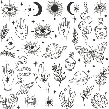 Mystical Celestial Hand Drawn Tattoo Flash Sheet With Eyes Snakes Planets Crystals And Hands Keywords: mystical celestial tattoo flash hand drawn eyes snakes planets crystals butterfly moon sun