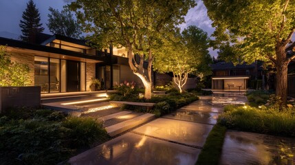 A house with a tree and a walkway