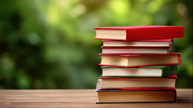 A stack of books with a red book on top outdoors against a green background, sharp focus and vibrant colors with empty table for copy space.