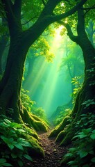 Obraz premium Ancient rainforest scene, lush green canopy, sunlight filtering through leaves, revealing age-old trees and vibrant undergrowth A mystical and untouched ecosystem , flora, quiet, fauna