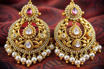 Obraz premium Beautiful Golden pair of errings Diamonds gemstones ndian traditional jeweller, kundan earring,Bridal God earrings wedding jewelley