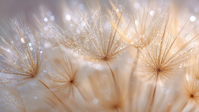 Close-up of a dandelion seed head, glistening with water droplets