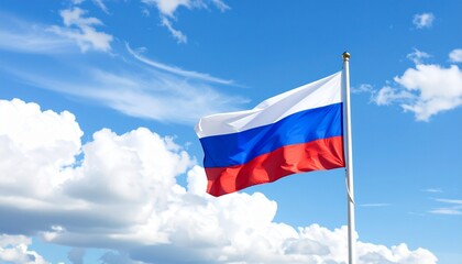 Russian flag flying on flagpole against bright blue sky with scattered clouds, symbolizing national pride, identity, and international presence.